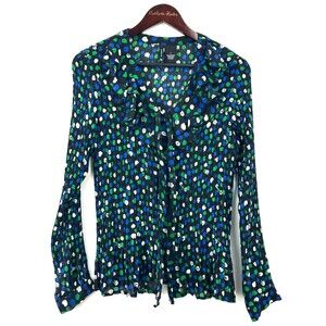 New Directions Blouse Womens L Black Polka Dot Tie Neck Pleated Crinkle 1144E4